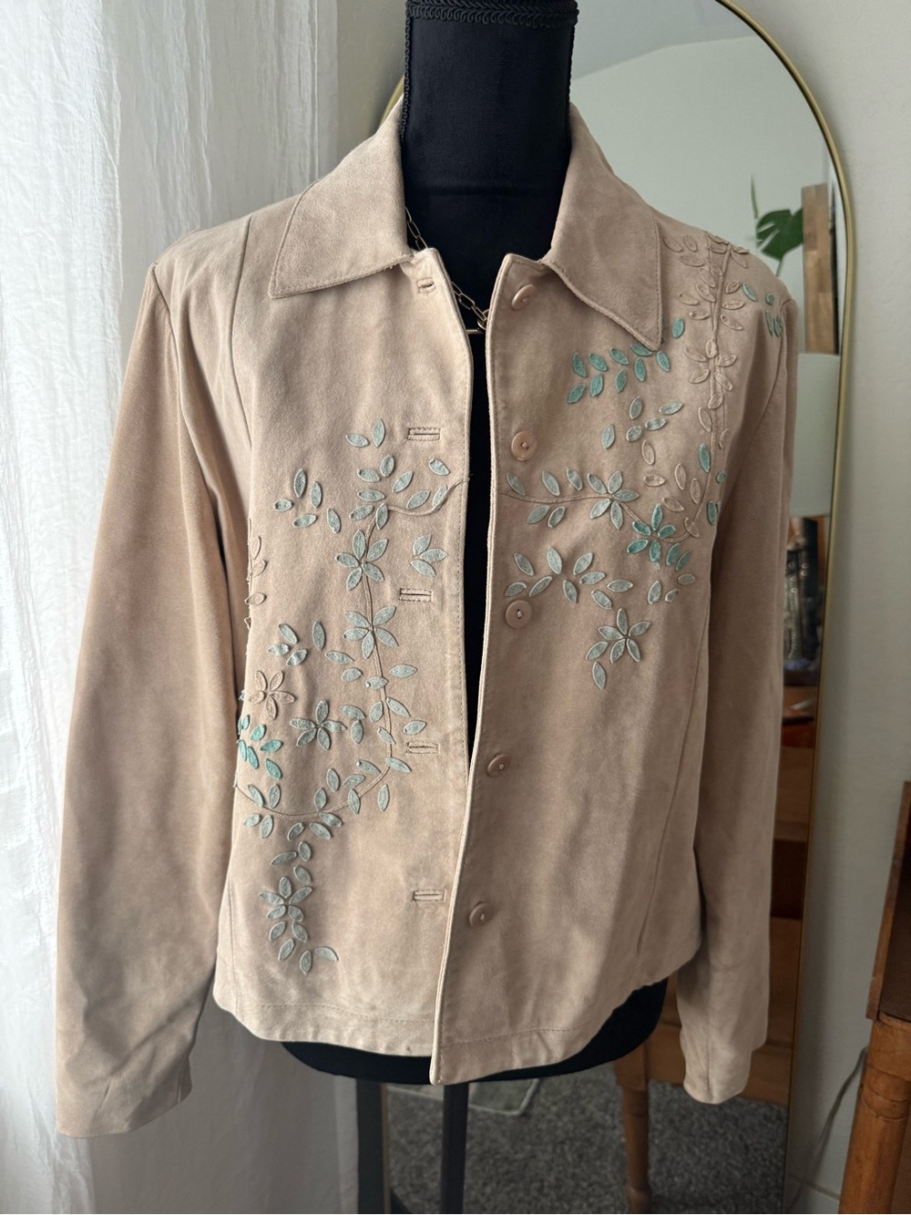 Vintage Coldwater Creek Beige Suede Jacket with Turquoise Floral Embroidery